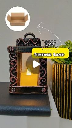 an old fashioned lamp sitting on top of a table next to a potted plant