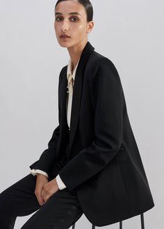 Women's Black Sharp Shoulder Tux Blazer | ME+EM Denim Suit, Cashmere Jacket, Layered Shirts, Leather Midi Skirt, High Neck Sweater, Long Sleeve Blazers, Leather Shirt, Tapered Jeans, Three Piece Suit