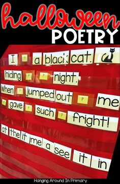 a poster with words and pictures on it that say halloween poetry, i am glad to see