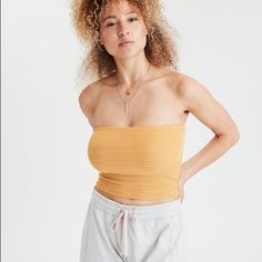 Size Medium Never Worn Stretchy Material Super Cute Striped Pattern Trendy Mustard Stretch Top, Trendy Stretch Mustard Tops, Yellow Stretch Crop Top, Mustard Stretchy Summer Top, Striped Tube Top, Tube Top, Stretchy Material, Off Shoulder Blouse, Yellow White