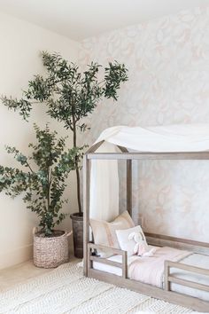 a white bed sitting next to a potted plant on top of a rug covered floor