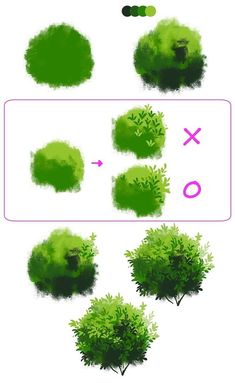 some green trees are shown with different shapes and sizes in the bottom right hand corner