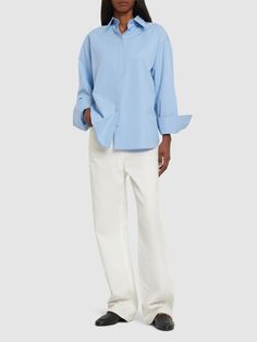 Concealed front button closure. Button cuffs. Model is wearing a size38 Valentino Women, Cotton Poplin Shirt, Poplin Shirt, Cotton Poplin, Valentino Garavani, Top Brands, Light Blue, Luxury Fashion, How To Wear