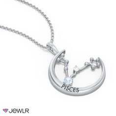 Those born under the Pisces water sign are celebrated for being compassionate, accepting, and imaginative. Perfect for the astrology lover, this beautiful zodiac necklace features the Pisces star constellation contained within a crescent moon design. Personalize yours with a genuine birthstone accent and add a meaningful engraving for a unique gift for a birthday, holiday, or special occasion. This handcrafted necklace is available in sterling silver, gold-plated silver, white, yellow, or rose g Sterling Silver Zodiac Sign Jewelry Gift, Sterling Silver Zodiac Sign Jewelry For Gift, Celestial Zodiac Sign Jewelry For Gifts, Celestial Jewelry For May Birthstone Gift, Personalized Celestial Jewelry For Mother's Day, Zodiac Sign Jewelry For Anniversary, Adjustable Zodiac Sign Jewelry For Anniversary, Sterling Silver Zodiac Sign Jewelry For Anniversary, Personalized Celestial Sterling Silver Jewelry