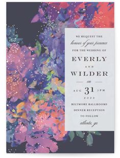 an elegant wedding card with purple and pink flowers