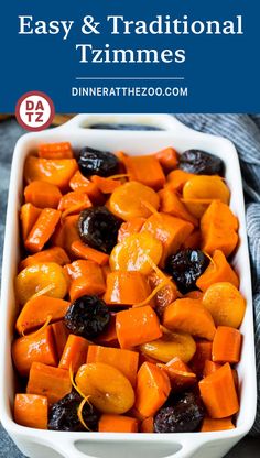 carrots and raisins in a casserole dish with text overlay