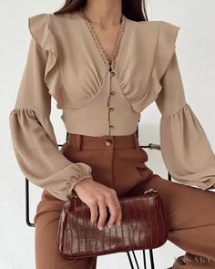 Lasaky - Ruffle Button-Up Lantern Sleeve Top Chic Fall Blouse With Buttons, Brown Ruffled Blouse For Work, Trendy Beige Ruffled Blouse, Chic Brown Blouse With Buttons, Chic Brown Tops With Buttons, Chic Brown Ruffled Blouse, Elegant Brown Tops With Buttons, Trendy Brown Blouse With Buttons, Edgy Academia