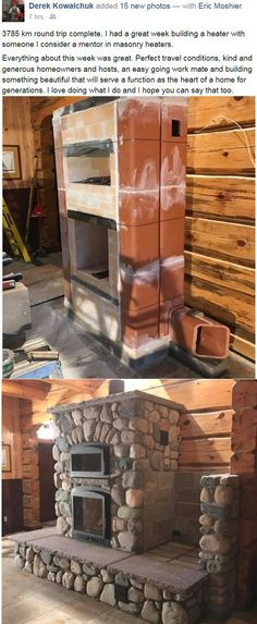 an outdoor fireplace made out of bricks and wood is shown in two different photos, one with