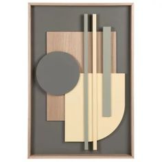 an abstract painting with grey and white shapes in a wooden frame on a gray wall