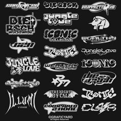 various types of graffiti stickers are shown in white on black, including one with the word