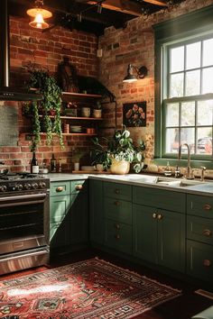 a kitchen with brick walls and green cabinets, an area rug on the floor in front of the stove