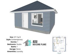 a small blue house with the measurements for each window and door, along with an additional floor plan