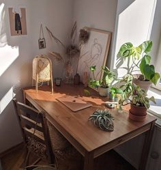 a wooden desk topped with plants next to a window