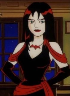 an animated image of a woman in a black and red dress with her hands on her hips