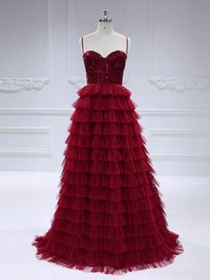 Burgundy Sweetheart-Neck Layered Cascade Ball Gown Elegant Red Floor-length Ball Gown, Red Ruffled Ball Gown Dress, Floor-length Burgundy Ball Gown For Wedding, Red Floor-length Ruffled Gown, Red Tulle Floor-length Ball Gown, Evening Dresses Cocktail, 10 Picture, Sweetheart Neck, Formal Occasion