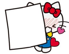 a hello kitty holding an empty sign with hearts on it's chest and wearing a bow