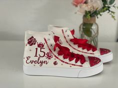 Customizable Lace-up Sneakers For Gift, White High-top Sneakers For Birthday, Pink Lace-up Sneakers For Gift, Customizable Red Sneakers With Round Toe, Customizable Red Sneakers, Casual Lace-up Sneakers For Birthday, Customizable High-top Sneakers For Gifts, Customizable High-top Sneakers For Gift, Customizable High-top Sneakers As Gift