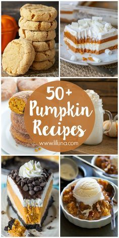 pumpkin desserts and pies with the title overlay that reads 50 pumpkin recipes