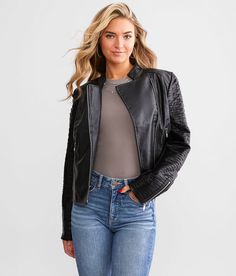 BKE Textured Mock Neck Moto Jacket - Black X-Small, Women's Black Faux leather asymmetrical zip front lined jacket Sleeve zip vents Bust measures 37 on size small Body length 21 on size small. Layering piece(s) and/or accessories sold separately.. Shell: 100% Polyurethane. Lining: 100% Polyester. Trim: 68% Polyester 24% Viscose 8% Elastane. Machine wash cold with like colors. Do not bleach. Lay flat to dry. Warm iron on reverse side. Can be dry cleaned.. Measurements: Bust -Fullest part of bust Womens Moto Jacket, Best Jeans For Women, Flannel Women, Jacket For Women, Best Jeans, Line Jackets, Women's Coats & Jackets, Women's Coats, Leather Jackets Women