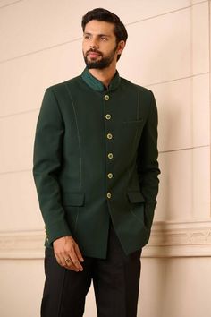 Buy Emerald Green Bandhgala Suiting Fabric Fluted Collared Trouser Set For Men by Tarun Tahiliani Online at Aza Fashions.