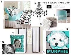 the color scheme for this bedroom is teal and white