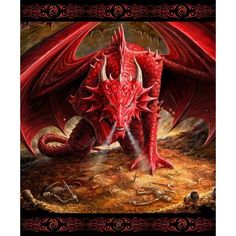 a red dragon sitting on top of a dirt field