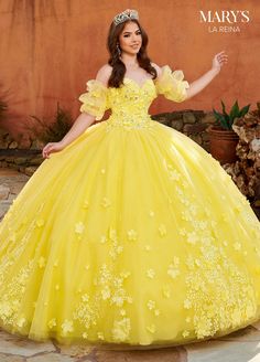 Be the center of attention in this gold applique long strapless tulle dress with A-line skirt by Mary's Bridal Quinceanera MQ2159. This tulle over glitter tulle quinceanera ball gown features a strapless sweetheart neck line, applique, 3D flowers, beading, detachable puff sleeves, lace-up back closure, sweep train. Matching detachable puff sleeves and tulle bolero jacket is included. Mary's Bridal La Reina Collection: Fall 2022 Style Number: MQ2159 Fabric: Tulle, Glitter Tulle, Applique, Beading Gold Gown With Sweetheart Neckline For Quinceanera, Yellow Ball Gown Dress For Debutante Ball, Tulle Quinceanera Dress Ball Gown For Gala, Yellow Ball Gown For Debutante Ball, Tulle Ball Gown For Quinceanera Or Gala, Tulle Quinceanera Ball Gown For Gala, Gold Ball Gown Dress For Quinceanera, Gold Floor-length Dress For Quinceanera, Gold Tulle Ball Gown For Quinceanera