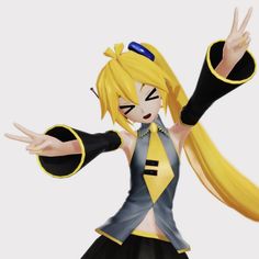 an animated image of a woman with long blonde hair and blue eyes, dressed in black and yellow