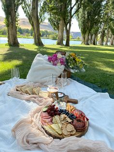 an outdoor picnic with fruit and crackers on the blanket next to flowers, water and trees