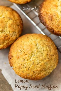 lemon poppy seed muffins are cooling on a wire rack with the words lemon poppy seed muffins