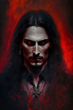 a painting of a man with long hair and red eyes