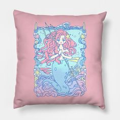 a pink pillow with an image of a mermaid holding a spear on it's back