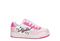 Barbie Little/Big Kid Girls Sneaker Celebrate her joy of living in a Barbie World in the Barbie girls Sneaker. Featuring a faux leather upper with printed & patent leather accents for flair, this lace-up Shoe shows off your little girl s love for the iconic doll. The footbed cushions her steps while the outsole adds bounce to every move she makes. Synthetic upper Lace-up closure  Padded collar  Cushioned footbed Rubber outsole Barbie Sneakers, Gloria Allred, Barbie Shoes, Rack Room, Pink Barbie, Room Shoes, Kids Sandals, Leather Accents, Shoe Show