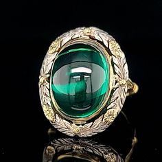 GORGEOUS Vintage 14K yellow white gold ring circ 1900's. Center set lab-grown emerald in cabochon oval shape  center emerald weight 10.65ct. size  16x12mm very nice rich vivid green color  nice luster, very lively cut. clean emerald.brilliant, sparkly emerald.  ring size 6.5 Resizable available  Tremendous old antique ring in excellent condition.  Appraisal available  Retail value $6,500 net. Luxury Formal Oval Cabochon Emerald Ring, Victorian Antiques, Goddess Athena, Dainty Wedding Ring, Natural Emerald Rings, Emerald Wedding Rings, Green Emerald Ring, Emerald Ring Gold, Wedding Rings Solitaire