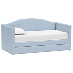 a blue daybed with white sheets and pillows on it's bottom half, sitting in front of a white background