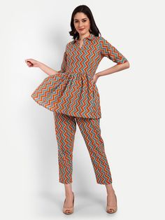 Cotton Sets For Spring Workwear, Cotton Workwear Sets With Pockets, Cotton Sets With Pockets For Workwear, Fitted Multicolor Peplum Set, Multicolor Pant Set For Workwear, Cotton Workwear Sets, Multicolor Fitted Sets With Pockets, Fitted Multicolor Sets With Pockets, Fitted Multicolor Casual Pant Set