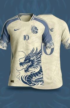 a soccer jersey with a dragon on the front and blue, white, and gray colors