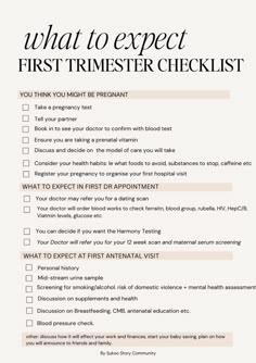 a checklist with the words what to expect first trimesterer checklist on it