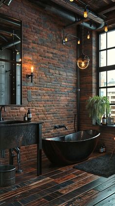 a bath tub sitting in the middle of a bathroom next to a sink and window