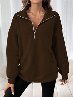 INAWLY Women's Stand Collar Zip-Up Plain Long Sleeve Pocket Minimalist Casual HoodieI discovered amazing products on SHEIN.com, come check them out! Womens Business Casual, Sequin Party Dress, Boutique Tops, Woman Standing, Business Dresses, Long Scarf, Funnel Neck, Colorful Hoodies, Casual Hoodie