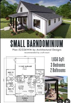 the small house plan is designed to be very compact and has three bedroom, two bathrooms