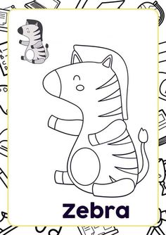 a zebra coloring page with the word zebra in it's center and an animal on top