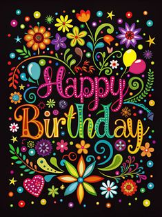 happy birthday card with colorful flowers and swirls on black background - free image on pixart