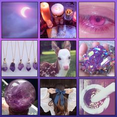 a collage of pictures with purple and white items in them, including deer head