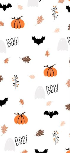 a white background with orange and black pumpkins, bats, and leaves on it