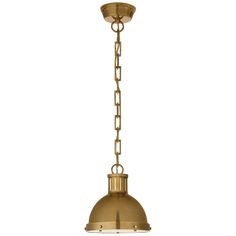 an antique brass pendant light with chain hanging from the ceiling