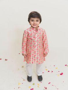 Boys Pink Handblock Printed Chanderi Kurta Pajama Set (Set of 2) By Mr Brat now available at Trendroots Angrakha Lehenga, White Cotton Pajamas, Angrakha Dress, Kids Ethnic Wear, Designer Boys, Lehenga Blouse, Kurta Pajama, Kurta Designs, Cotton Pyjamas