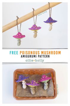 three little mushrooms are hanging from a clothes line with text overlay that says free poisonous mushroom amigurmi pattern