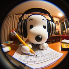 a dog with headphones sitting on top of a desk next to a pencil and paper