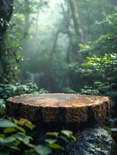 a tree stump sitting in the middle of a forest filled with lots of green leaves